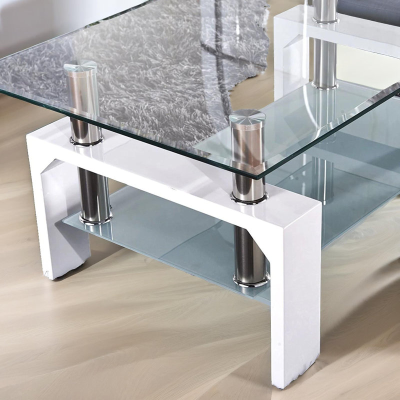 2 Tier Glass Table with Storage Shelf, Living Room Furniture, White