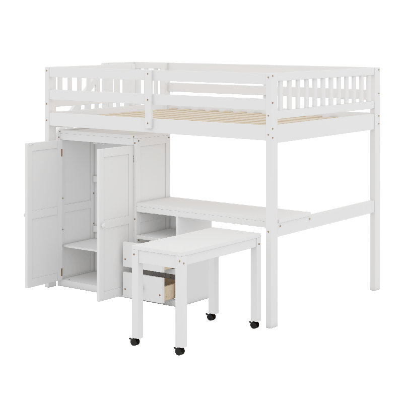 Lit mezzanine avec escalier, Blanc, Lit double