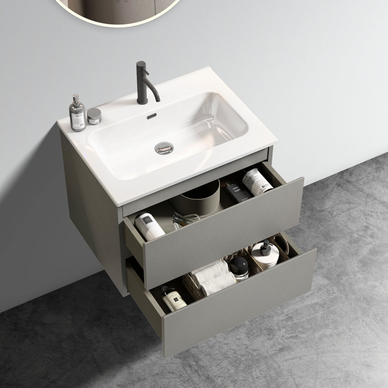 Meuble-lavabo moderne de 24 po, fixation murale, finition gris sidéral, lavabo en céramique, vaste espace de rangement, meuble-lavabo à tiroirs silencieux en gris, lavabo, rangement riche, tiroirs,