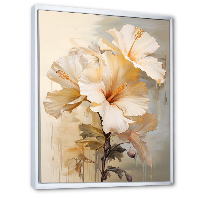 Peinture d'hibiscus beige III, Cadre flottant blanc, H 44 po x l 34 po x P 1,5 po