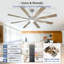 Ventilateur de plafond de 183 cm (72 pouces) avec éclairage, style moderne, 8 pales, finition argent et bois, pour intérieur et extérieur, avec télécommande, éclairage à intensité variable, moteur CC silencieux et réversible, minuterie à 6 vitesses.-256611350-256611352-256611345