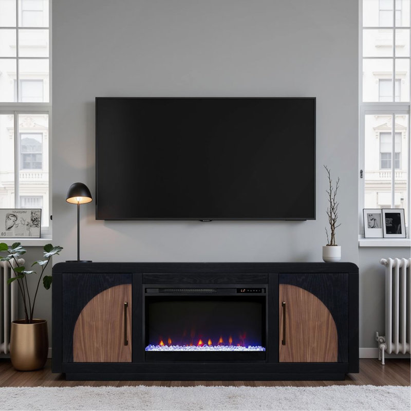 Meuble télé 65 po avec finition clou de girofle et noyer naturel pour téléviseur de 75 po ou moins, meuble audio-vidéo de style rétro