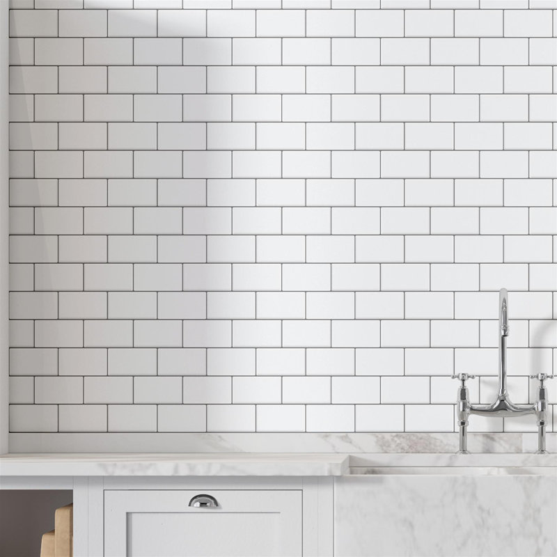 Narmeen Pure Glossy Subway Metro Classic Brick 3D Tile Sticker 30.5 x 15.4cm (12 x 6 in), White/Black
