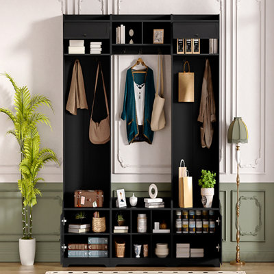 Wide Modern Hall Tree with Shoe Storage, 4-in-1 Entryway Bench with 8 Cubbies, 7 Coat Hooks & Adjustable Shelf for Hallway, living room, Black
