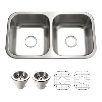 Houzer 31 in Stainless Undermount 50/50 Double Bowl Kitchen Sink with Strainer and Grid - ED-3108-C