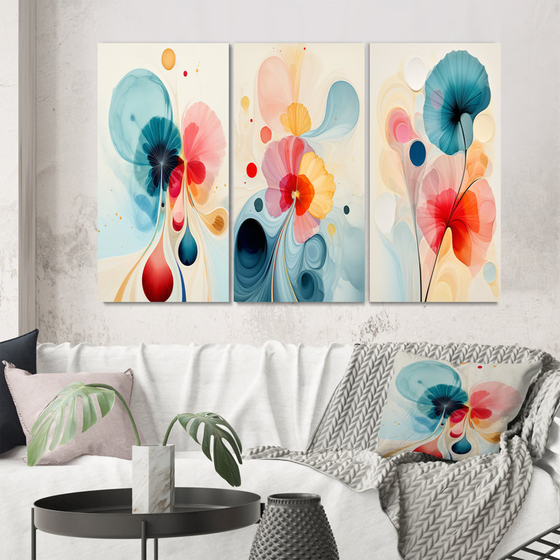 «Energy of Blossoming Life Retro Minimal Flower I», ensemble de 3 impressions, Toile tendue, H 28 po x l 36 po