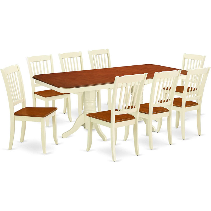 9 Piece Kitchen Table & Chairs Set Includes a Rectangle Dining Room Table with Butterfly Leaf and 8 Dining Chairs, Buttermilk & Cherry