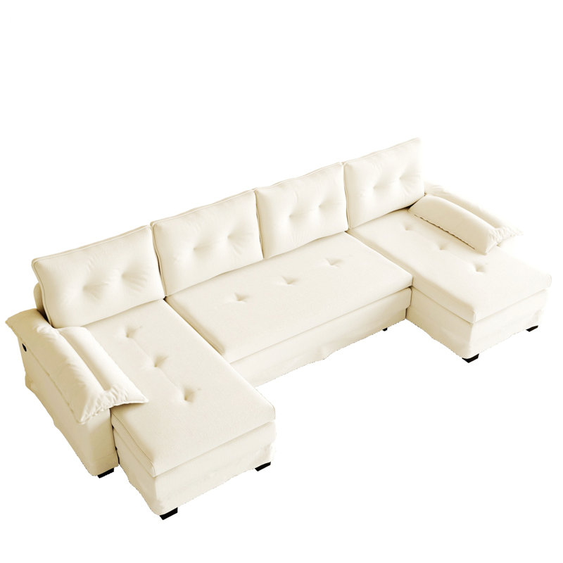 Canapé en U avec accoudoirs amovibles, ports de chargement USB pour le salon ou un appartement, Beige+White Chenille