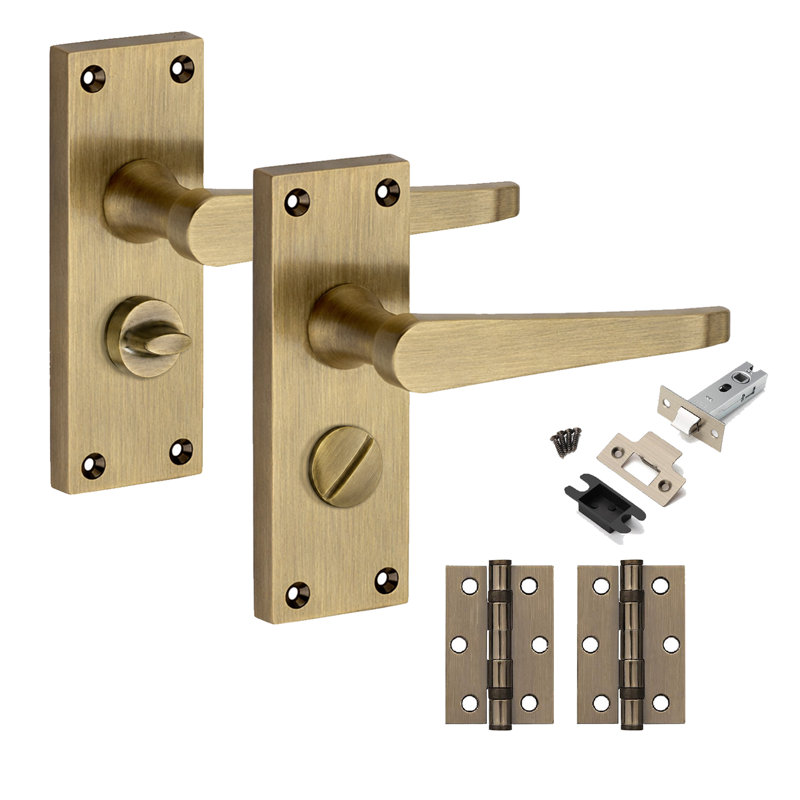 Golden Grace 1 Pair Victorian Design Latch Privacy Straight Lever Door Handles Antique Brass Durable Metal Bathroom Set Backplate with Thumbturn - 120 x 40mm