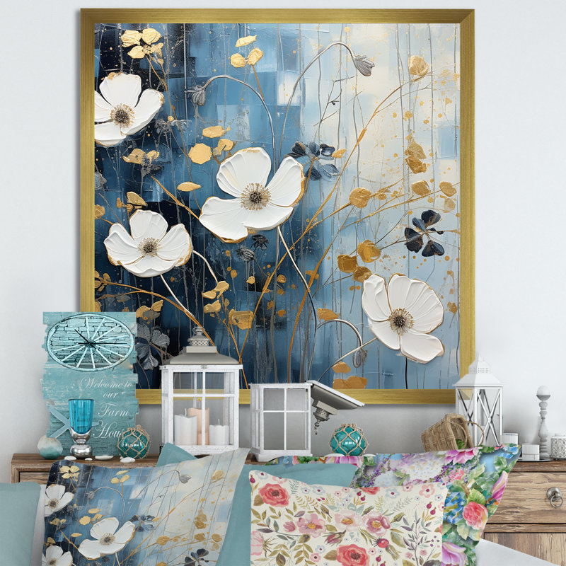 Minimalisme blanc et bleu - Impression sur toile Buttercups, H 36 po x l 36 po x P 1,5 po, Cadre doré simple