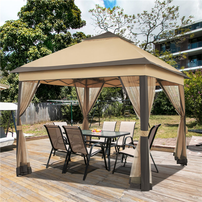 Metal Pop-Up Gazebo, Khaki/Brown, 291cm H x 333cm W x 333cm D