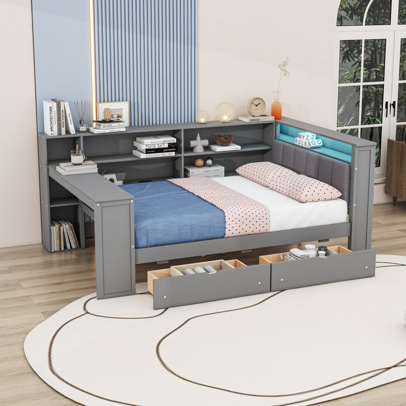 2 Drawers Wood Platform Bed with Shelves, Charging Station, LED Lights and Desk, Gray, Full/Double