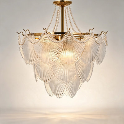 Lustre luxueux en verre en forme de coquillage, lustre français moderne à 8 lumières avec accent de perles, suspension en verre texturé à plusieurs couches pour chambre, salon, petit hall d'entrée