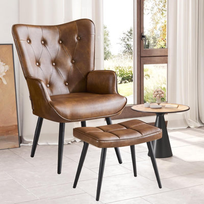 Ensemble de fauteuil à oreilles capitonné de style moderne Mid-Century avec repose-pieds, fauteuil rembourré en cuir de polyuréthane et tabouret pour le salon, la chambre à coucher