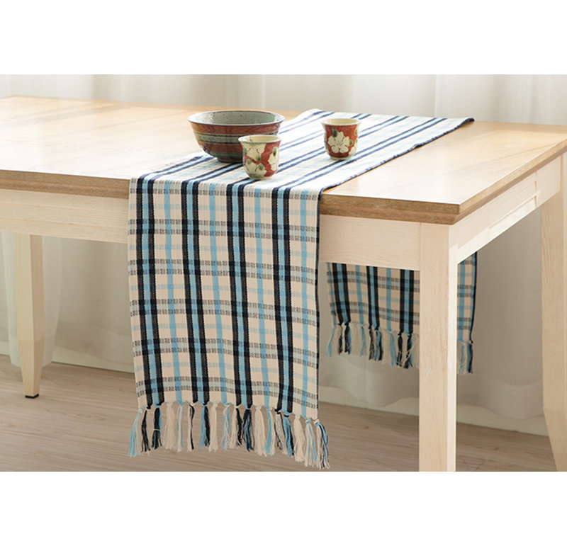 Blue-White Plaid Cotton Blend Table Runner With Fringes, 59" x 0.25"