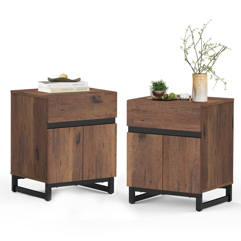 Table de chevet avec 1 tiroir et 1 armoire de rangement Aadam, Brun, Ensemble de 2