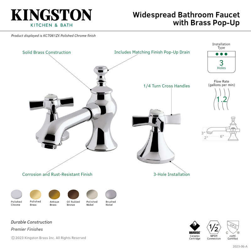 Robinet pour salle de bain à poignée double avec bonde escamotable Millennium, Nickel brossé
