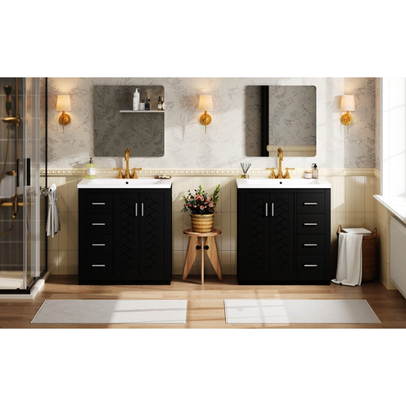 Meuble-lavabo moderne noir de 60 po avec lavabo en céramique 30 po, bois massif et 6 tiroirs pour une utilisation quotidienne, 4 portes à fermeture douce, finition
