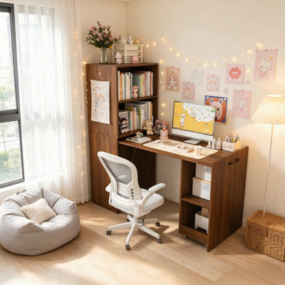 Walnut Expandable Stretchable Foldable Office Desk with Storage Shelves & Lockable Mobile Casters, Space Saving Computer Desk for Small Apartments Home Office