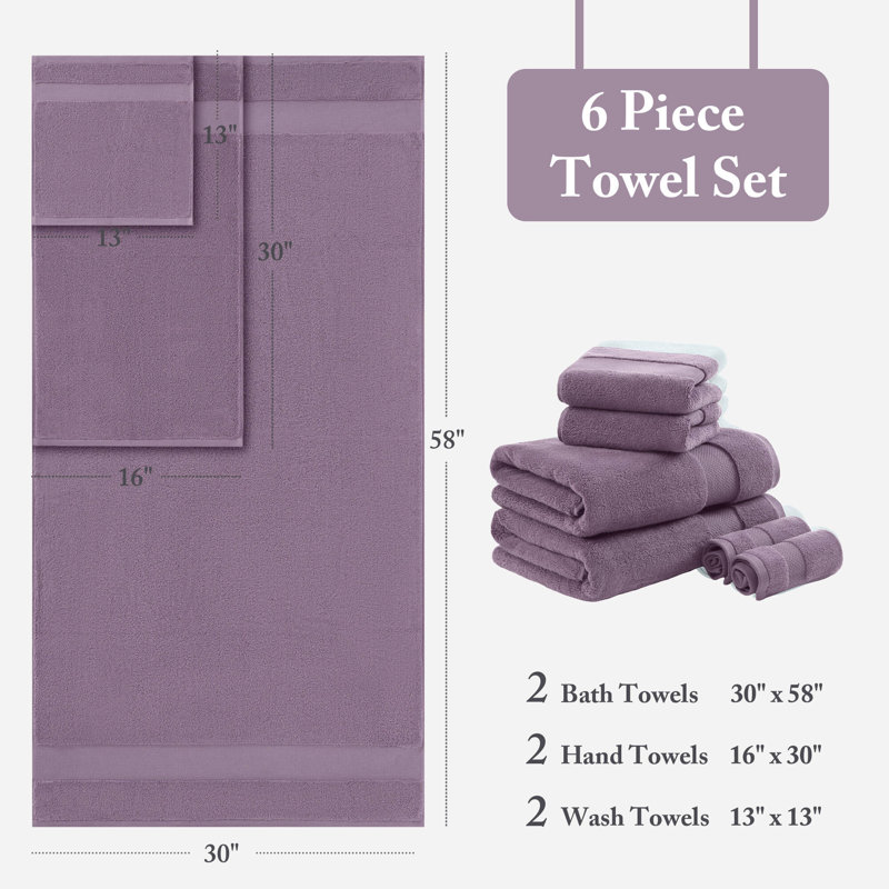 Ensemble de serviettes surdimensionnées 100% coton Turkish, Mauve, Ensemble de serviettes 6 pièces