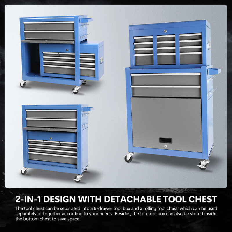 8-Drawer Rolling Tool Chest with Wheels, Large Tool Cabinet with Drawers, Blue/Gray