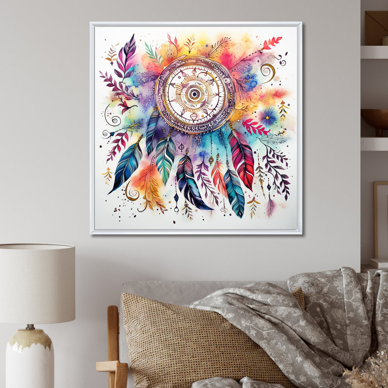 Rainbow Boho Dreamcatcher, aquarelle encadrée sur toile, H 16 po x l 16 po x P 1 po, Cadre flottant blanc