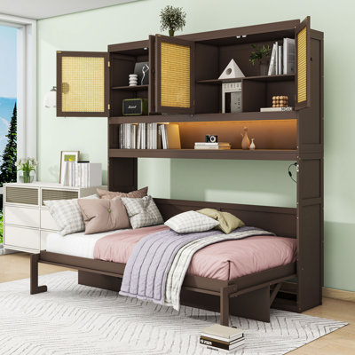 Lit escamotable simple en bois avec armoire supérieure, lumière DEL et ports USB
