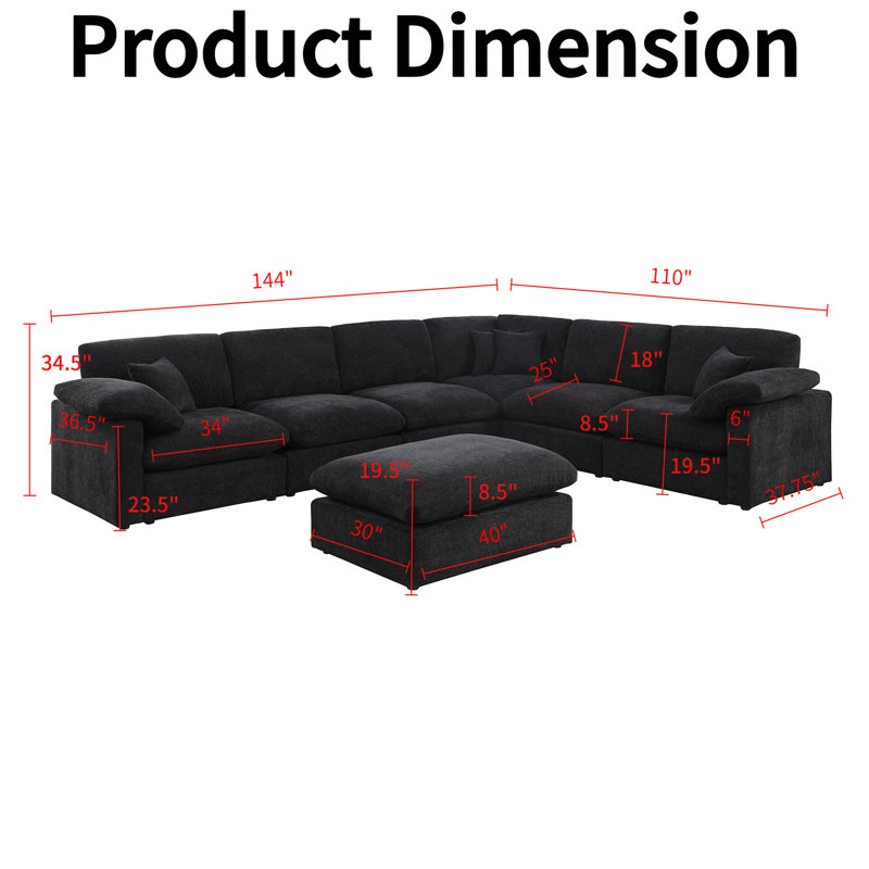 Canapé d'angle sectionnel en chenille de 366 cm (144 po) - 7 pièces - Canapé modulaire réversible surdimensionné et confortable avec pouf amovible rembourré