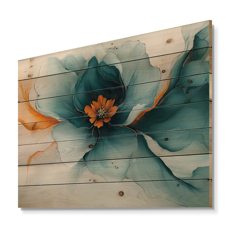 Abstrait doré Renoncule doré et turquoise II - Renoncule murale en bois - Pin naturel, H 10 po x l 20 po x P 0,78 po