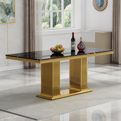 68.11" Marble Dining Table for 6-8, Modern Rectangular Kitchen Table with Faux Marble Top, Modern Dining Room Table with Stainless Steel Base for Kitchen Dining Room