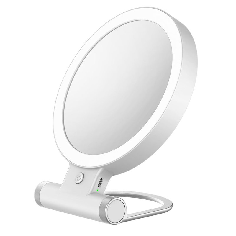 Compact White Dual-Sided LED Makeup Mirror with 10x Magnification