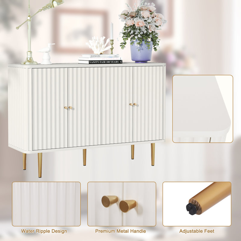 48'' Sideboard Buffet Cabinet, 4-Door Fluted Water Ripple Door Storage Credenza with Adjustable Shelves & Gold Legs, Modern Accent Console Cabinet for Entryway, Dining Room, Living Room