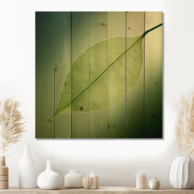 Lime Lightness Leafy Minimalism I - Leaves Wood Wall Art On Natural Pine Wood