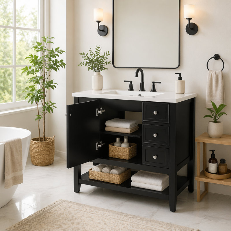 Meuble-lavabo 36 po avec lavabo et rangement polyvalent, Noir