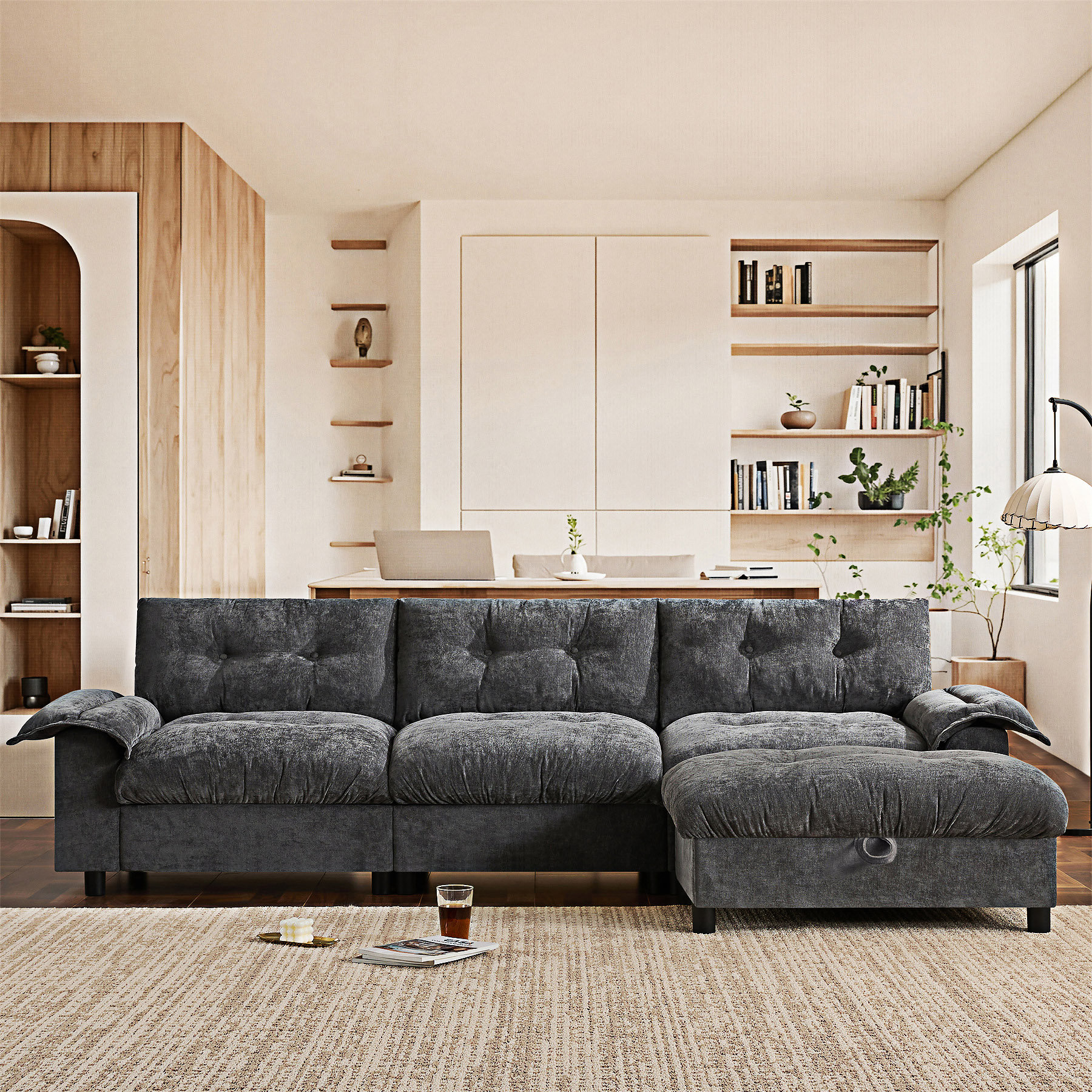 Ebern Designs Sectional Sofa With Cup Holder,Movable Storage Ottoman ...