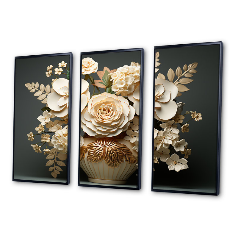 Ensemble d'hortensias baroque blanc et doré VI - Hydrangea, H 28 po x l 36 po x P 1 po, Cadre flottant noir