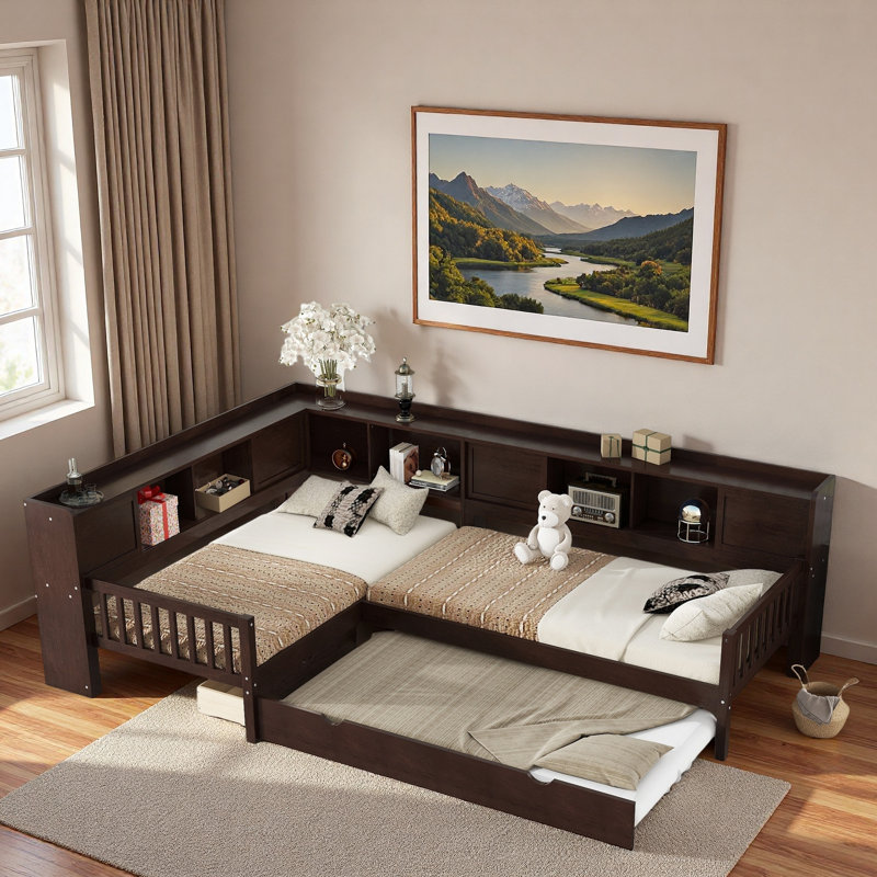 Lit plateforme en L avec lit gigogne, tiroirs de rangement et tablettes, Espresso