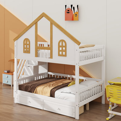 Wooden Bunk Bed With Two Drawers And Storage Staircase, House Bunk Bed Frame With Window Door Guardrails