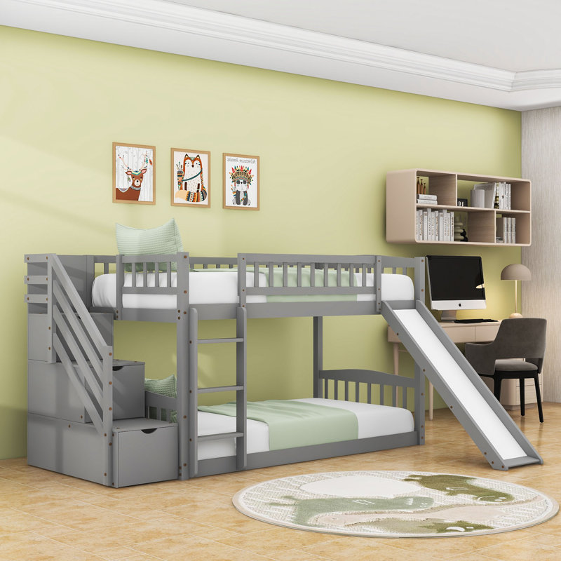Twin Over Twin Wooden Bunk Bed With Slide And Staircase Storage, Gray