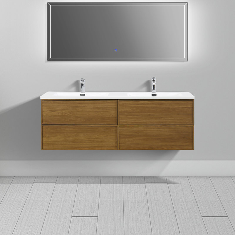 Meuble-lavabo flottant 4 tiroirs Lucille l 60 po x P 21 po en noyer doré miel avec double lavabo et plateau blanc, Brun