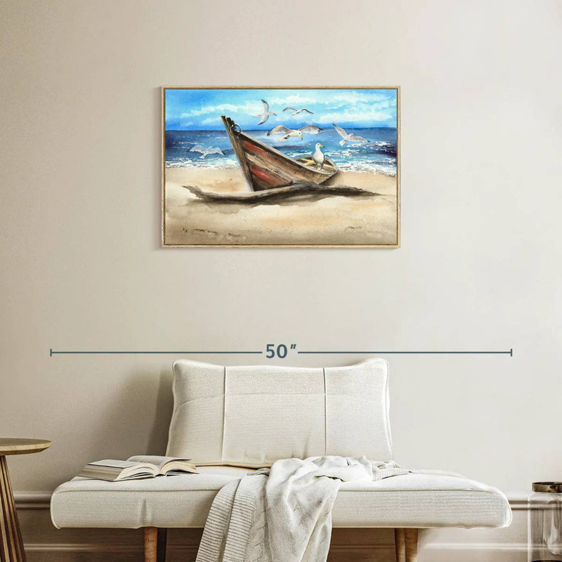 Mouettes et bateau, Cadre flottant en bois naturel, 31 po x 21 po
