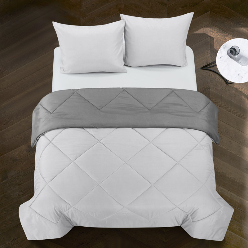 Ensemble d'édredon réversible en microfibre Logan, Édredon pour lit simple + 1 taie décorative stan, Gris clair