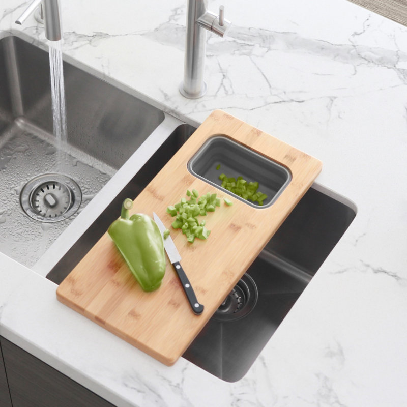 Core Workstation Sink Bamboo Cutting Board Set with 1 Collapsible Container, 8.5" W x 18" L