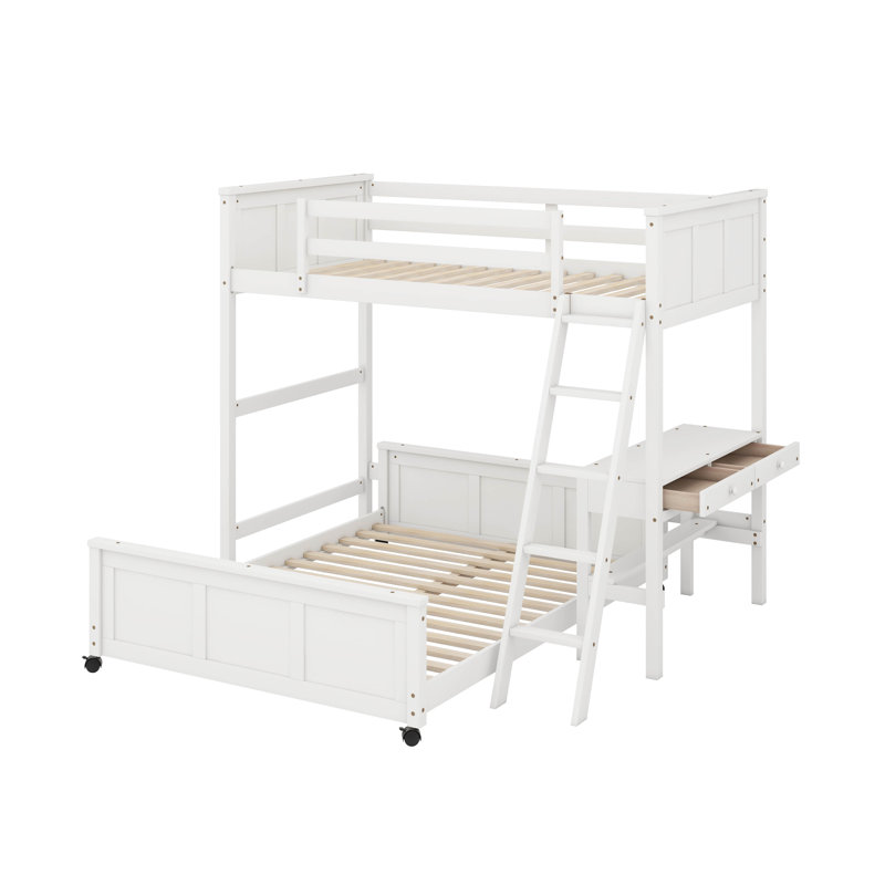 Lit simple superposé au dessus d'un lit double avec bureau, Blanc