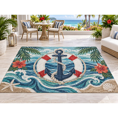 Tapis d'extérieur 152 x 213 cm Anchor Lifebuoy Tropical, épais, imperméable, en PVC bouclé, résistant et durable, séchage rapide, idéal pour l'entrée ou l'intérieur.