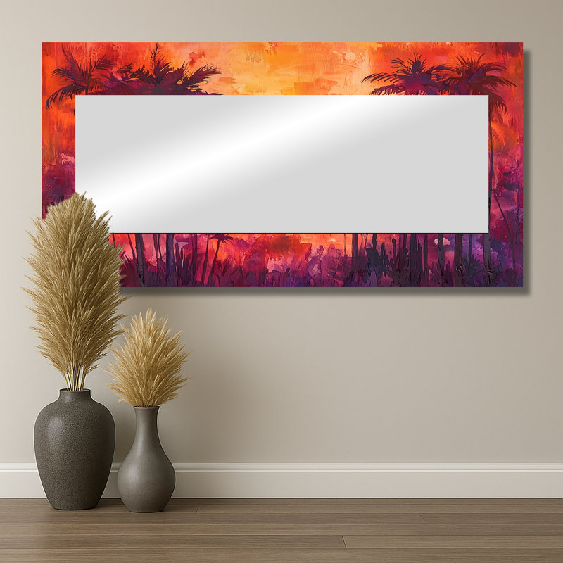 «Sunset Hues Palm Trees In California», miroir traditionnel pour décoration murale, imprimé sur métal, 28 po x 55 po