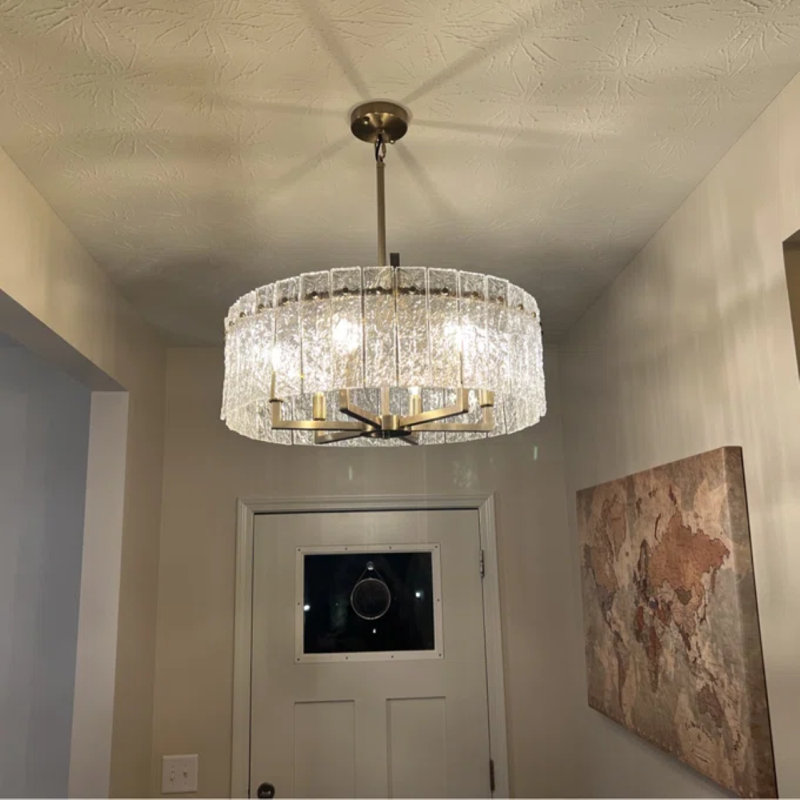 Lustre tambour 6 lumières avec verre texturé Friedhardt, H 10,6 po x l 24 po x P 24 po, Doré
