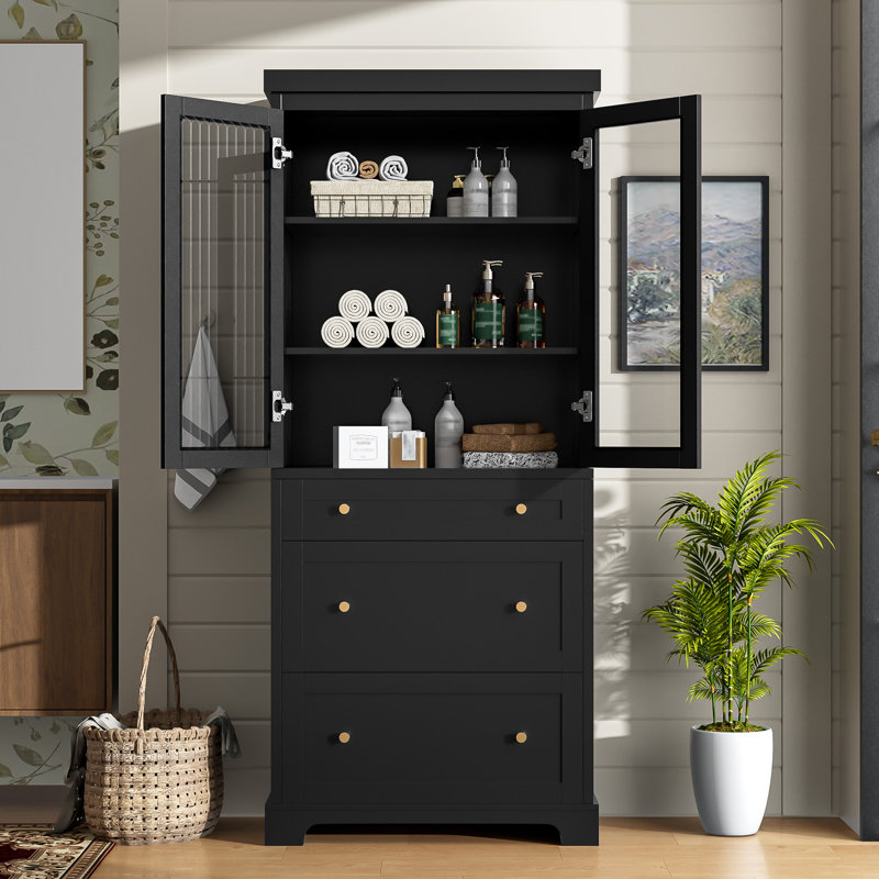 Armoire de rangement autoportante haute de 70,1 po avec portes en verre, tiroirs et tablettes réglables Barring, Noir