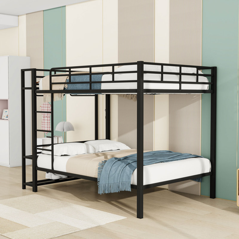Full Over Full Metal Bunk Bed With Shelves And LED Lights Ladder, Black