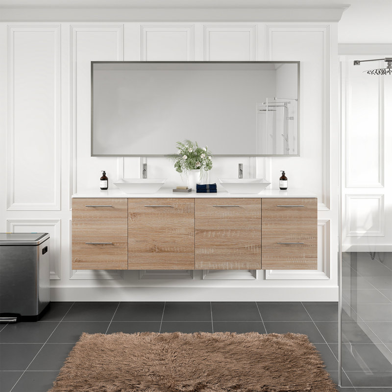 Meuble-lavabo double mural 72 po avec comptoir en porcelaine Celino, Chêne blanc